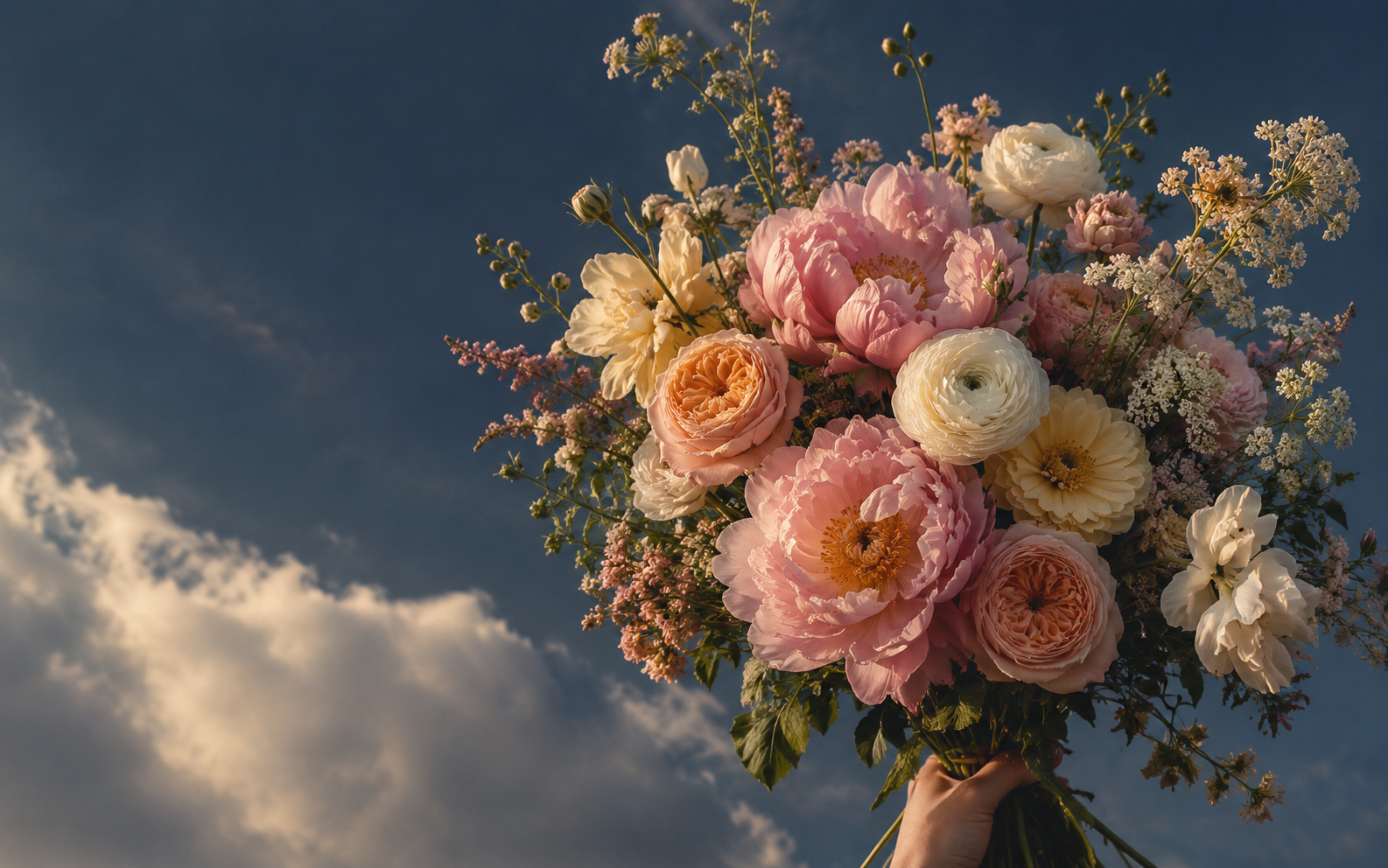 Editorial arrangement of garden flowers beneath an evening sky