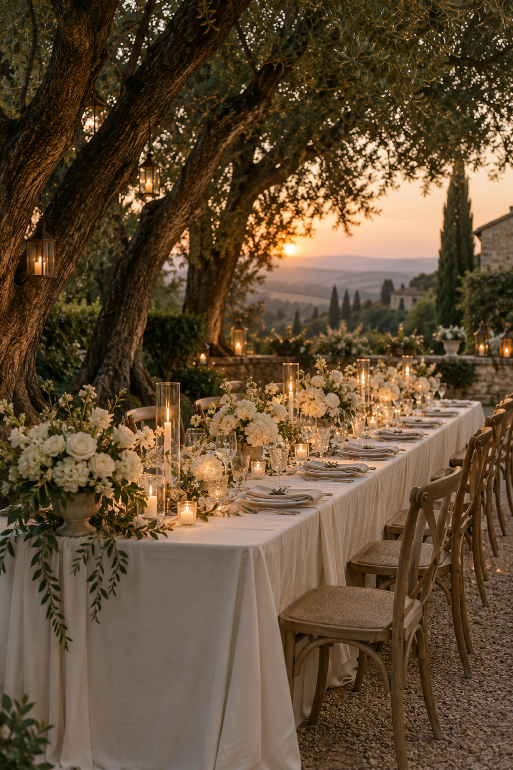 Elegant candlelit wedding reception beneath old trees